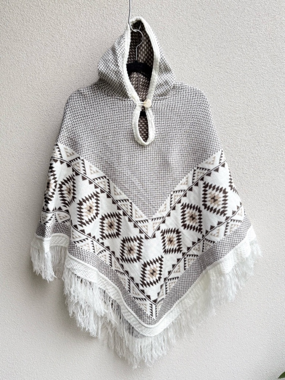 Alpaca Fringe Poncho  Sweater With Hood Onesize